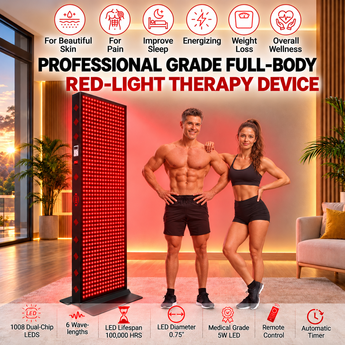 EXESAS 1008 LED, 5040W Dual-Chip, Red Light Therapy Device for Full Body, 6-Wavelengths Infrared LED Panel for Skin, Weight, Pain, Wellness