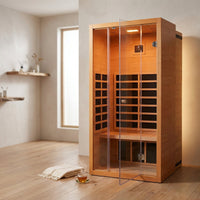 1 Person Extendable FAR Infrared Sauna for Home, Hemlock Wood Low EMF 6 Carbon Heaters Indoor Saunas with LED Lights, Bluetooth Speaker, Digital Control Panel, and Seating Bench — Studio Shot
