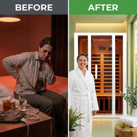 2 Person Extendable FAR Infrared Sauna for Home, Hemlock Wood Low EMF 6 Carbon Heaters Indoor Saunas with LED Lights, Bluetooth Speaker, Digital Control Panel, and Seating Bench — Before & After