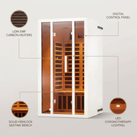 2 Person Extendable FAR Infrared Sauna for Home, Hemlock Wood Low EMF 6 Carbon Heaters Indoor Saunas with LED Lights, Bluetooth Speaker, Digital Control Panel, and Seating Bench — infographic