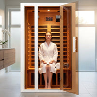 2 Person Extendable FAR Infrared Sauna for Home, Hemlock Wood Low EMF 6 Carbon Heaters Indoor Saunas with LED Lights, Bluetooth Speaker, Digital Control Panel, and Seating Bench — Lifestyle