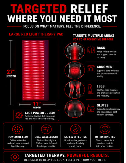 Large Red Light Therapy Pad – 27" x 11" with 1,998 LEDs for Pain Relief & Recovery