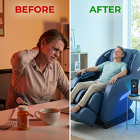Blue Faux Leather Zero Gravity Recliner 3D Programmable Massage Chair — Before & After