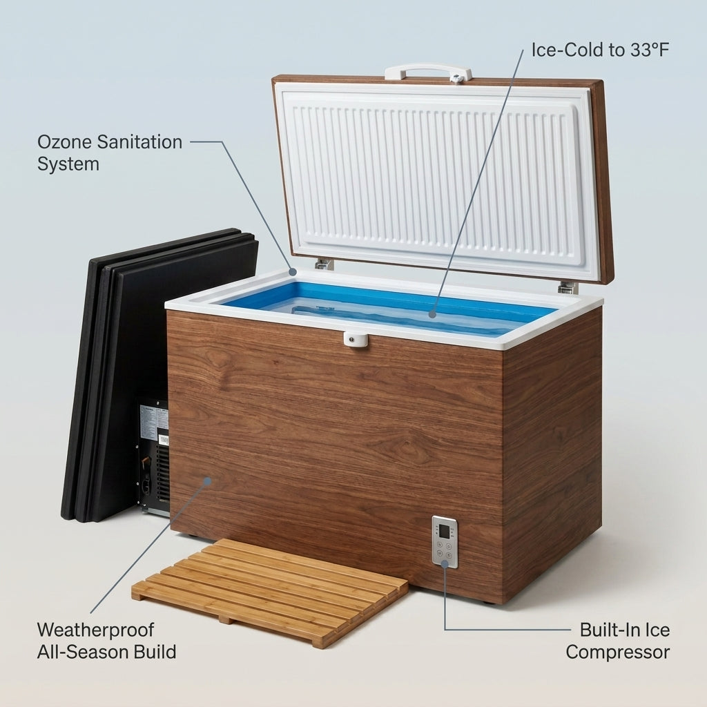 Cold Plunge Tub Built for Year-Round Recovery, Ice-Making Compressor, Ozone Sanitation, Weatherproof — infographic