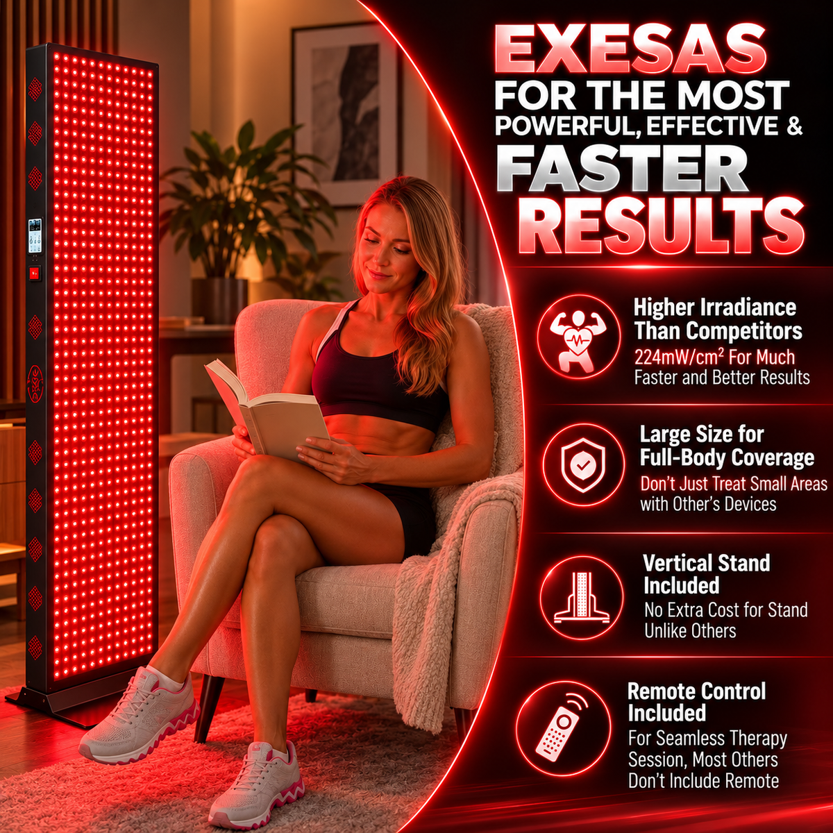 EXESAS 600 LED, 3000W Dual-Chip, Red Light Therapy Device for Full Body, 6-Wavelengths Infrared LED Panel for Skin, Weight, Pain, Wellness